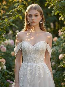 YOUKEFEIER 優雅露肩性感高開衩蕾絲刺繡長款婚紗禮服，適合婚禮宴客賓客穿著 - 米色 - 查看 6
