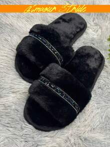 Women's Black Faux Fur Flat Slippers, Open Toe Fluffy House Shoes With Rhinestone Strap, Shiny & Comfortable Indoor Slides - Black - View 3
