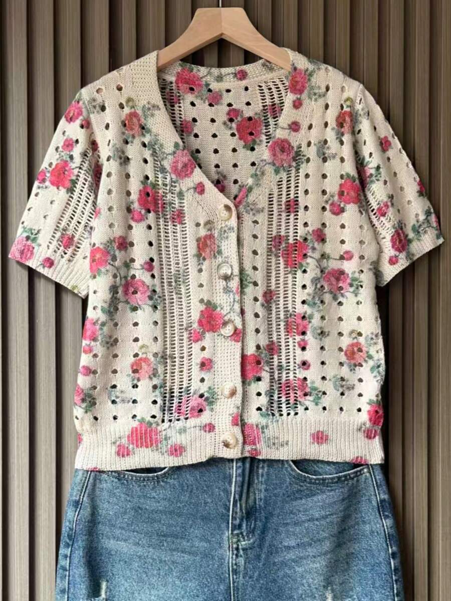 女士针织上衣，春夏度假粉色 - 粉色 - 查看 1