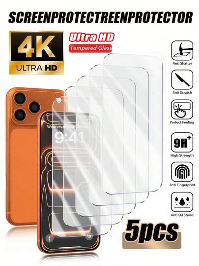 Tempered Glass 5pcs High Hardness Tempered Glass Screen Protector, 9H Hardness, Anti-Shatter, High Definition Touchscreen, Mobile Phone Accessories, Anti-Scratch, Anti-Wear, Anti-Fingerprint. Compatible With IPhone 17e/17 Pro Max/17 Pro/17Air/17/16 Pro Max/16 Pro/16 Plus/16/15 Pro Max/15 Pro/15 Plus/15/14/13/12 And Other Models, Mother's Day Gift