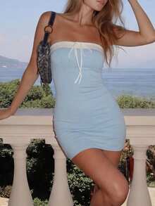 Plus Size Women's Contrast Blue Bandeau Y2K Cute Mini Dress, Suitable For Summer Vacation, Beach, Date Or Commute Elegant - Blue and White - View 3