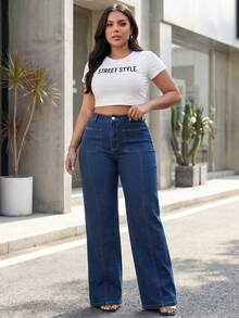Women's Plus Size Dark Wash Non-Stretch Denim Wide Leg Pants, With Original Wash Details And Front Pockets, Long Length Casual Fall - Blue - View 5