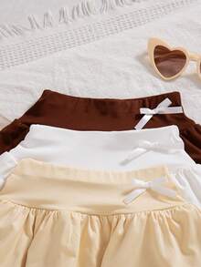 3pcs/Set Girls' Casual Solid Color Layered Skirt With 3D Bow Decor, Suitable For Daily Outings - Coffee Brown - View 3