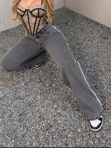 Women's Wide Leg Cargo Jeans, Premium Street Fashion, 100% Cotton - 燧石 - 查看 1