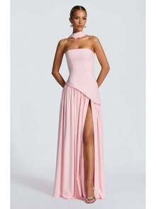 2026 European And American Women's Fashion Strapless Solid Color Slit Dress, Stylish And Sexy Backless High-Slit Long Dress, New Model - 粉紅色 - 查看 1