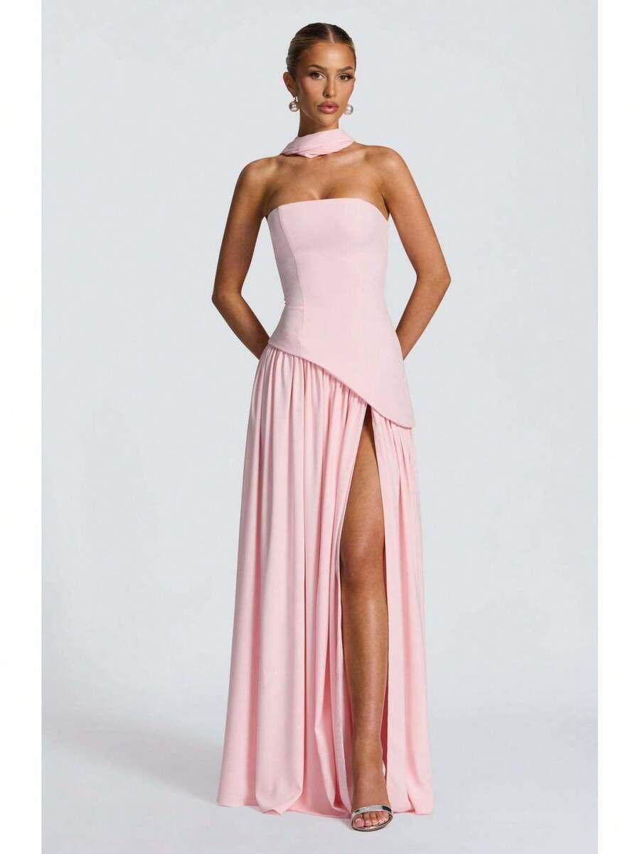 2026 European And American Women's Fashion Strapless Solid Color Slit Dress, Stylish And Sexy Backless High-Slit Long Dress, New Model - 粉紅色 - 查看 1