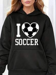 Football Enthusiast Hoodie - Women's Casual Sports Long Sleeve Hoodie With Kangaroo Pocket, Game Day Jacket, Sports Fan Apparel, Sports Pullover, Kangaroo Pocket Hoodie, Solid Color Hoodie, Crew Neck Style, Machine Washable Fabric Printed Sweatshirt - màu đen - Xem 1