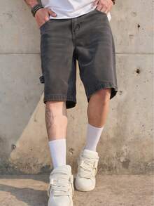 Men's Casual Denim Shorts, Summer American Style Washed Vintage Light Blue Loose Fit Bermuda Shorts - Grey - View 3