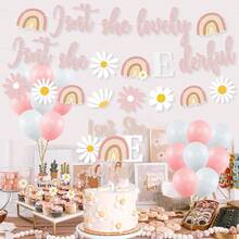 ración bohemia para fiesta de primer cumpleaños, diseño de margaritas de verano, color rosa con texto en inglés "Isn't She Lovely Isn't She Onederful Daisy Rainbow Banner para tartas, cupcakes, globos para niñas, hippie, suministros para fiesta de primer cumpleaños - 1 - Ver 6