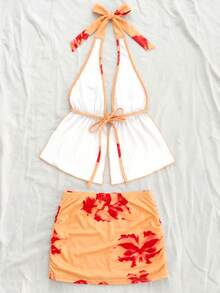 女士碎花两件套：露肩上衣和百褶迷你裙，休闲夏季海滩度假派对音乐节情人节嘉年华优雅套装 - 彩色 - 查看 5
