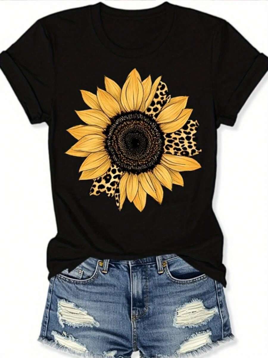 1pc Sunflower Leopard Print T-Shirt, 100% Pure Cotton Round-Neck Casual Shirt, Boyfriend Girlfriend Husband Wife Gift T-Shirt, Valentine's Day Couple T-Shirt - 黑色 - 查看 1