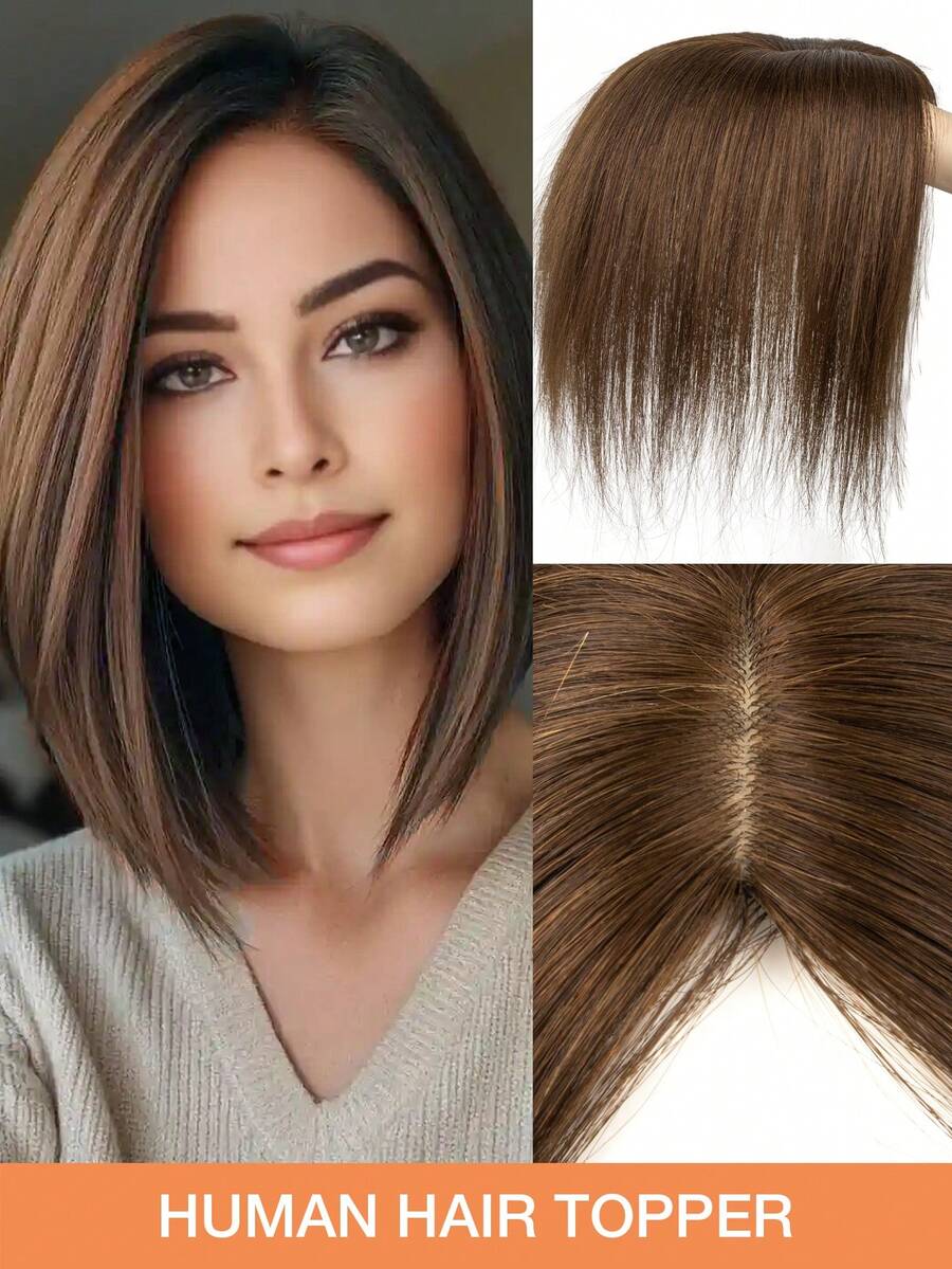 Women's Human Hair Hair Topper With Side Bangs, New Upgraded Version, Fluffy And Lightweight, Suitable For White/Gray Hair, Covers Thinning Hair And Adds Volume, Lightweight And Seamless, Silk Base, Clip-In Hair Topper, Realistic Scalp Piece, Christmas Gift