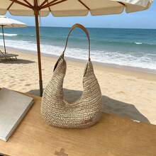 Bohemian Style Crescent Moon Shaped Large Capacity Straw Shoulder Bag - Women's Summer Beach Bag, Suitable For Casual Outings And Beach Vacations, Beach Bag, Travel Accessories, Bohemian Fashion, Woven, Suitable For Work, School, Bohemian Style Women's Clothing, Beach Bag, Vacation - Beige - View 2
