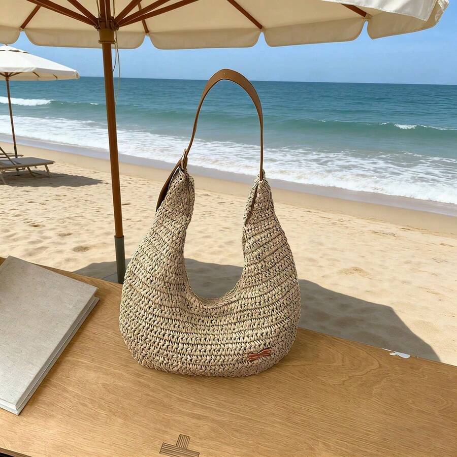 Bohemian Style Crescent Moon Shaped Large Capacity Straw Shoulder Bag - Women's Summer Beach Bag, Suitable For Casual Outings And Beach Vacations, Beach Bag, Travel Accessories, Bohemian Fashion, Woven, Suitable For Work, School, Bohemian Style Women's Clothing, Beach Bag, Vacation