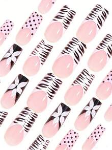 24pcs Medium Square Y2K Style False Nails Set, Including Black & White Leopard Print French Design, Cream White Lily Floral Pattern, Retro Pink & Black Polka Dot Pattern, Black Wide French Style And More, Comes With 1pc Glue Sticker And 1pc Mini File, Random Delivery - Multicolor - View 4