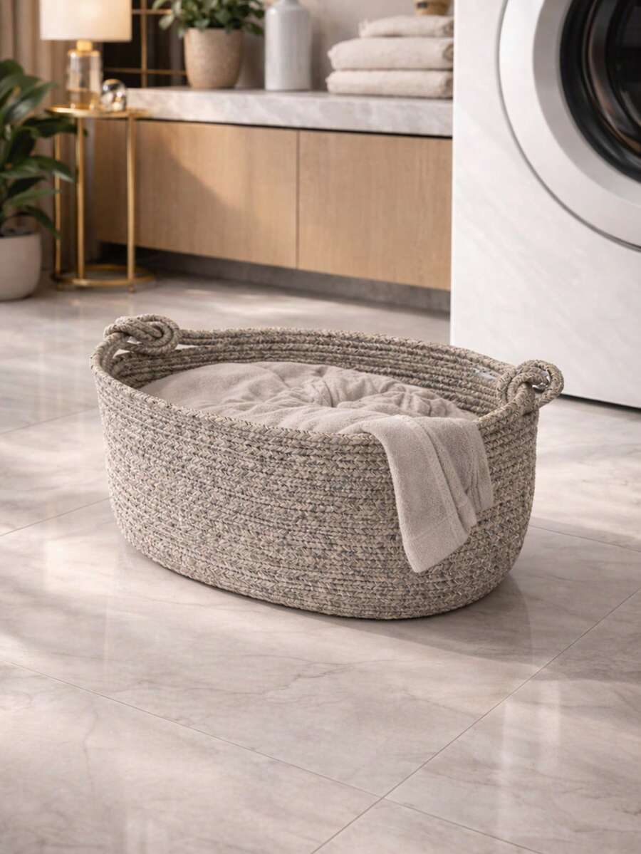 1pc Foldable Handwoven Laundry Basket With Handle, Suitable For Living Room, Bedroom, Laundry Area To Store Miscellaneous Items, Dirty Clothes, Bathroom Towels, Selected Home Goods - Multicolor - View 1
