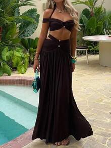 Look Polly Women's 2-Piece Set For Summer, Sexy & Alluring Off-Shoulder Crop Top With Brown Maxi Skirt, Suitable For Valentine's Day, Carnival, Casual, Beach, Resort Wear - Dark Brown - View 4