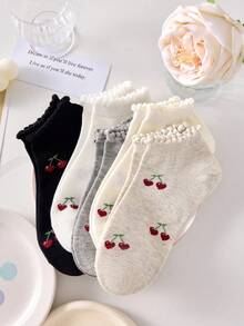 5 pares de calcetines de tobillo para mujer con estampado de sakura y ribete de volantes en colores surtidos, versátiles y lindos, adecuados para uso diario en primavera/verano - Multicolor - Ver 5