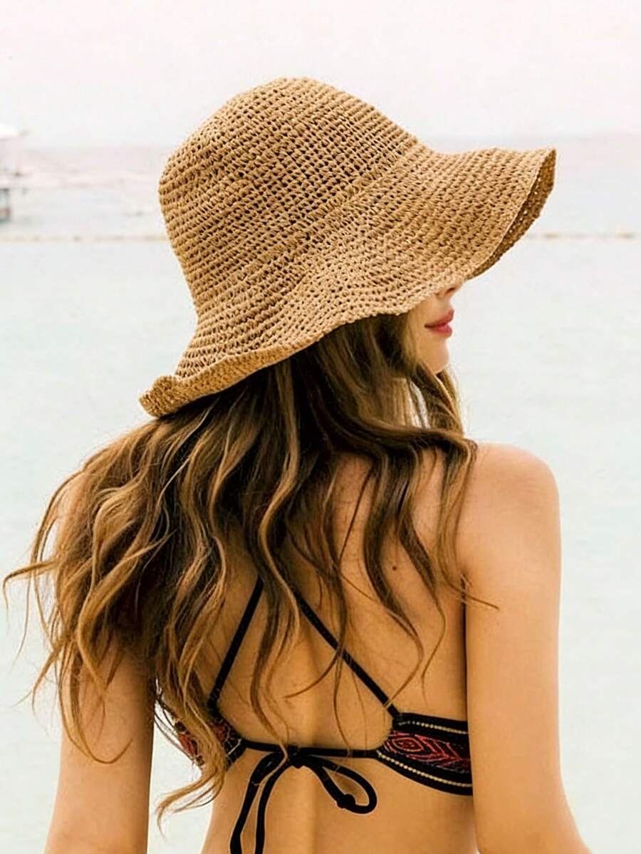 1. Mũ rơm nữ, kiểu dáng đơn giản, đan móc, vành rộng, có thể gấp gọn, thời trang và đa năng, hoàn hảo cho kỳ nghỉ hè ở bãi biển. - Mũ rơm - Xem 1