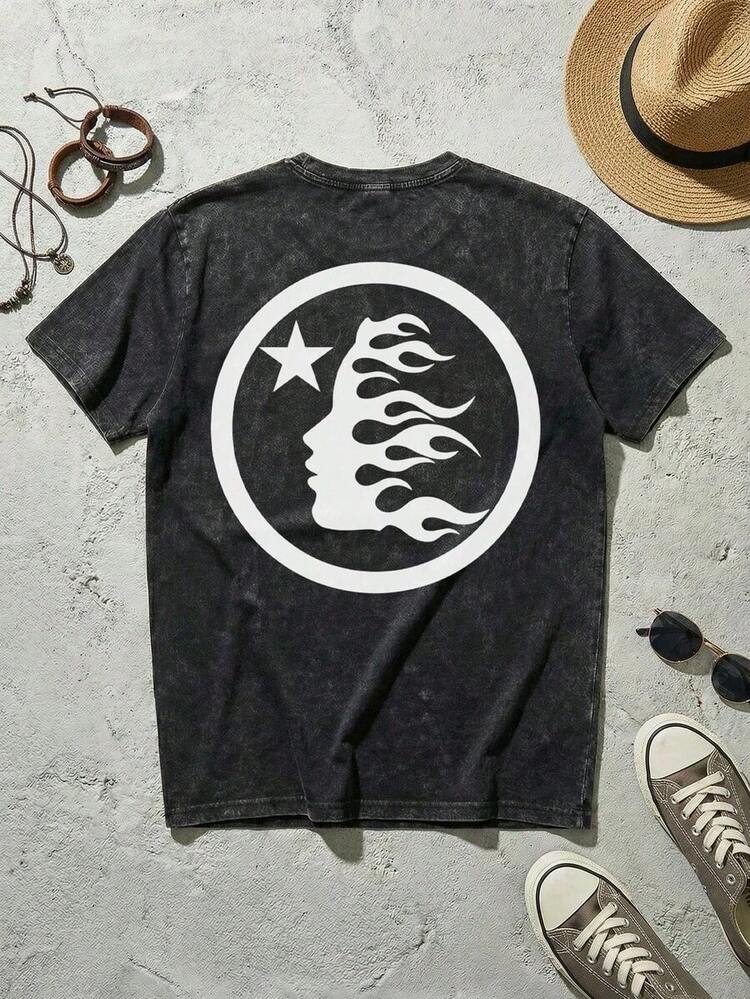 Retro Washed Graphic T-Shirt,100 % Cotton Unisex Streetwear, Men's Y2K Grunge Hellstars Slogan & Cracked Text Comet Star Graphic Double-Sided Print T-Shirt, Acid Washed Tee, Fire Face Profile Dark Aesthetic Oversized T Shirt, Graphic Tees Men, Camisetas Para Hombre, Ropa De Hombre, Playera De Hombre, Navidad,Summer Outfits For Men Woman IXXE - 黑色 - 查看 3