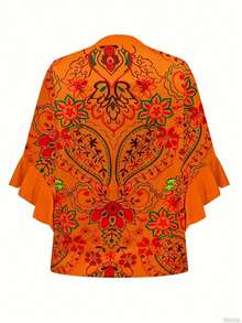 Plus Size Women's Floral Print Ruffle Sleeve V-Neck Blouse - Burnt Orange - View 2