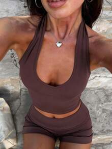 2 piezas Conjunto de top y shorts deportivos casuales para mujer, a rayas de colores para el verano - Marrón - Ver 5