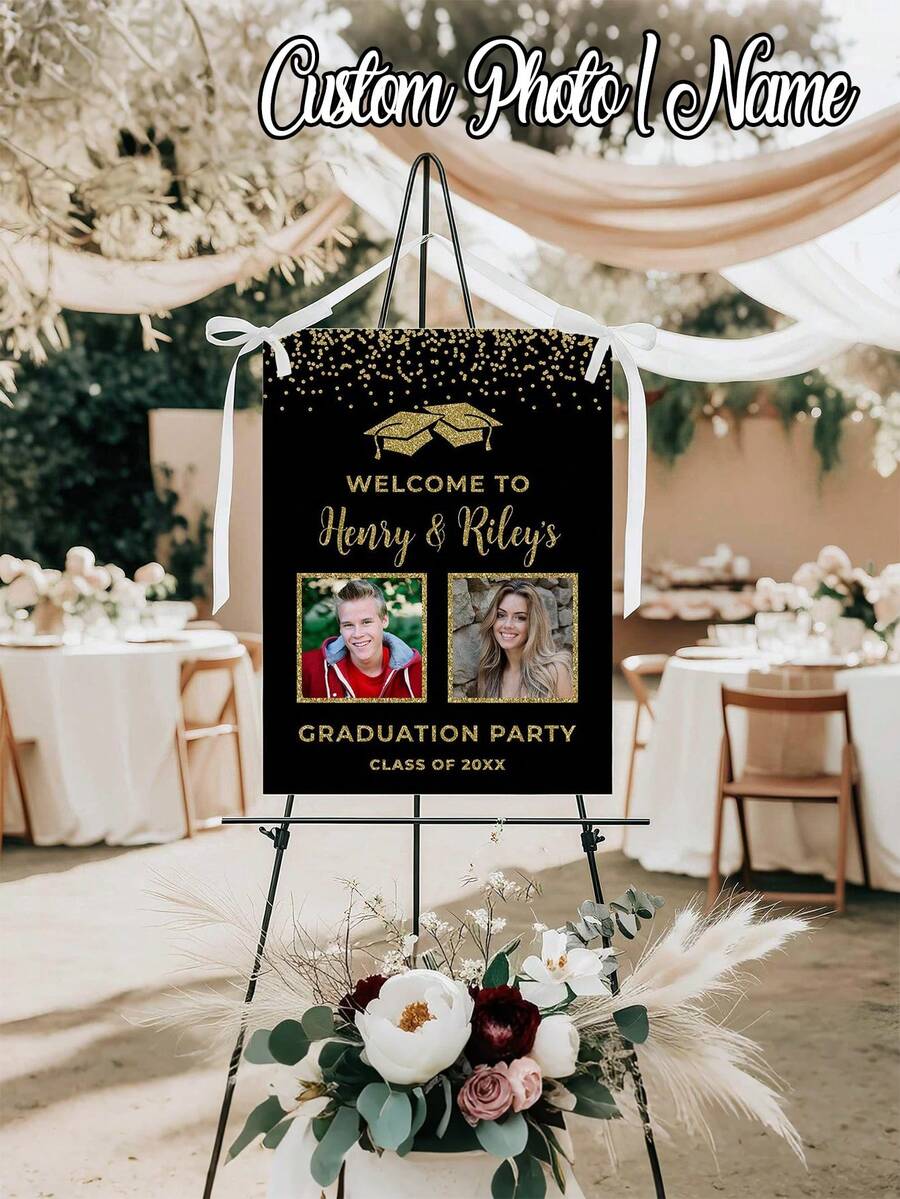 1pc Black & Gold Style Personalized Graduation Photo Poster, Graduation Celebration Welcome Photo Decor, Graduation Celebration Welcome Sign Photo, Graduation Party Welcome Board, With Poster Image, Customized Graduation Welcome Sign, Glossy Frameless Poster, Your Custom Wall Art, Wall Decor - Multicolor - View 1