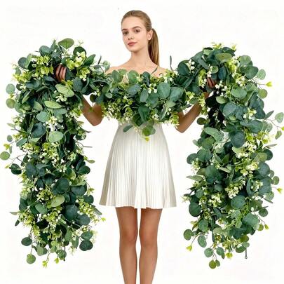 1/2/3Pcs 179.9CM Artificial Vine Faux Light Luxury Silvery Eucalyptus Vines, Spring Festival Decor For Outdoor Courtyard, Wedding Season Wedding Room Decoration, Party And Home Decor, Valentine's Day Gift, Engagement Hanging Garland, Wedding