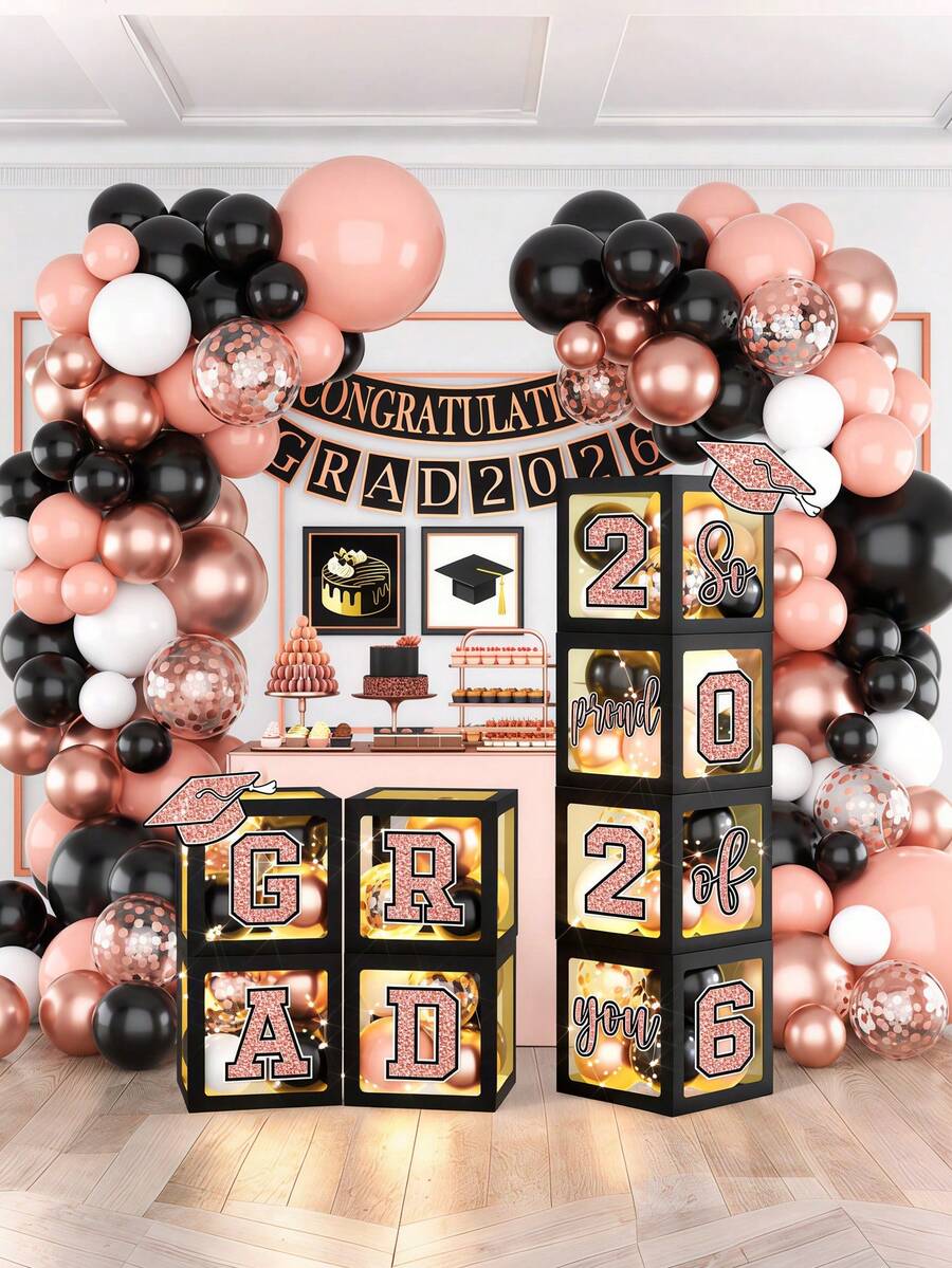 2026 Graduation Party Decorations, Rose Gold Graduation Decorations, 2026 Graduation Gift Box Ribbons With Letters, 2026 Graduation Party Supplies, Pink University Graduation Party Supplies - Graduation Black Pink Balloon Box - View 1