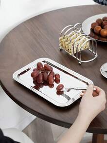 1pc Premium Modern Luxury Stainless Steel Square Fruit Plate, Minimalist Striped Edge Stainless Steel Snack Plate, Stainless Steel High-End Fruit Plate For Living Room, Suitable For Valentine's Day, Wedding, Outdoor Gathering, Living Room Tea Table, Holiday Party Decoration And Service Plate, Family Dinner Serving Plate, Available In 3 Sizes - Silver - View 1