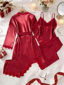 5pcs Solid Color Satin & Lace Patchwork Pajama Set, Including Long Sleeve Robe, V-Neck Camisole, Shorts, Pants And Belt, Elegant Women Sleepwear Loungewear - Burgundy - View 2