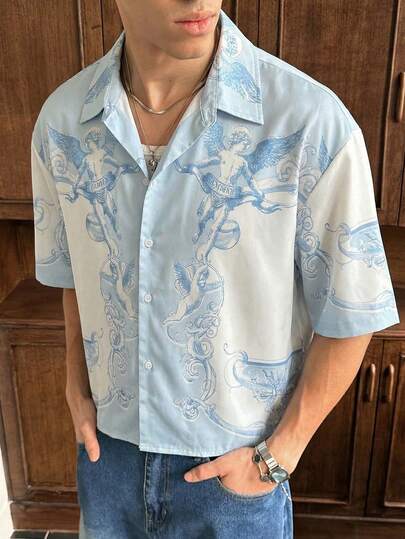 Fractyr Camisa de manga corta casual de verano para hombre, estilo vintage europeo con estampado de ángel en todo el diseño, de doble cara, corte holgado con estampado total, transpirable y suave para uso casual