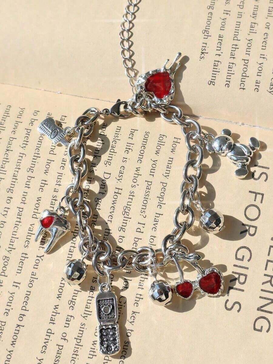 Renaissance Vintage Teddy Bear Charm Bracelet Y2K Cherry Charm Bracelet Party Music Festival Disco Ball Charm Bracelet Red Heart Charm Bracelet Valentines,Mom,Mother,Mother's Day, - 銀 - 查看 1