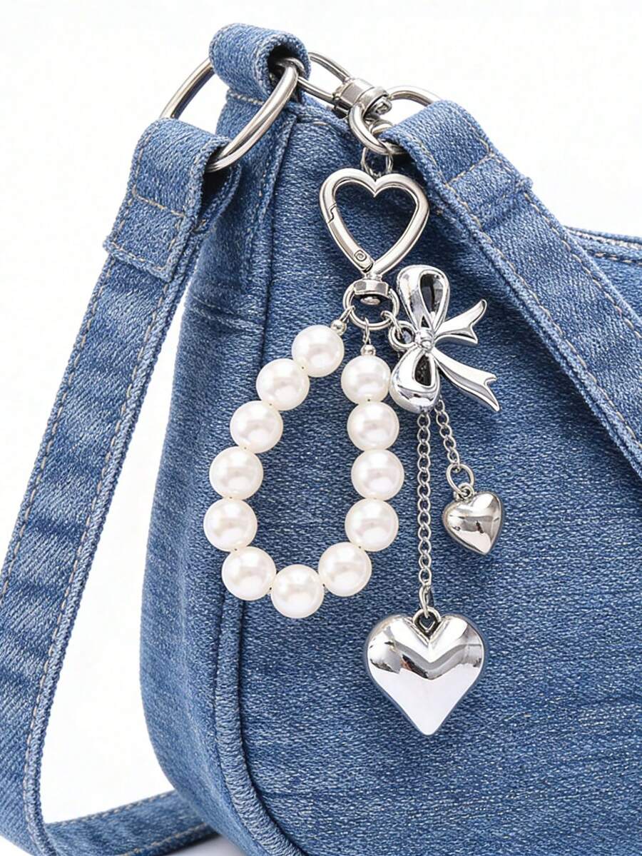 Pendentif nœud perlé mignon unisexe Y2K, breloque de sac en forme de cœur à la mode, design de fermoir à crochet rotatif en forme de cœur argenté, pince à ressort, étoile de mer, nœud et éléments de cœur, porte-clés breloque de téléphone, porte-clés breloque de téléphone étoile de mer, accessoire élégant pour femmes, accessoire de sac, cadeau de fête et de vacances, cadeau pour étudiants et enseignants, cadeau original pour la famille et les amis - Argent - Voir 1