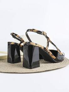 Women's Leopard Print Brown High Heel Pumps, Chunky Heel Open Toe Party Wedding Dress Shoes, 7cm Formal Slip-On Pointed Toe Sandals - Brown Leopard Print - View 3