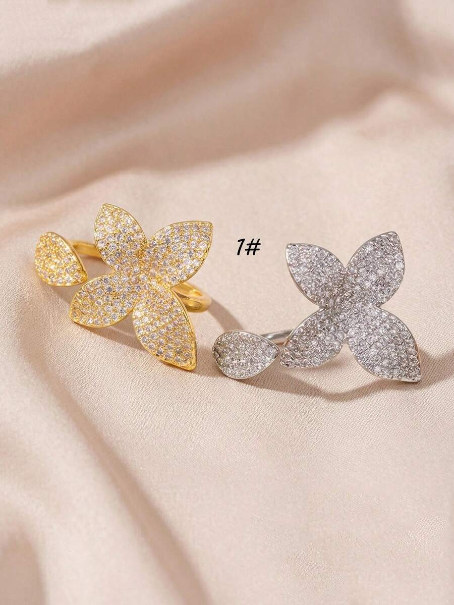 1 pieza Anillo abierto elegante y elegante con flor y hoja incrustadas de cobre y circonita cúbica, adecuado para fiestas, uso diario y como regalo - Estilo de flores y hojas - Ver 1
