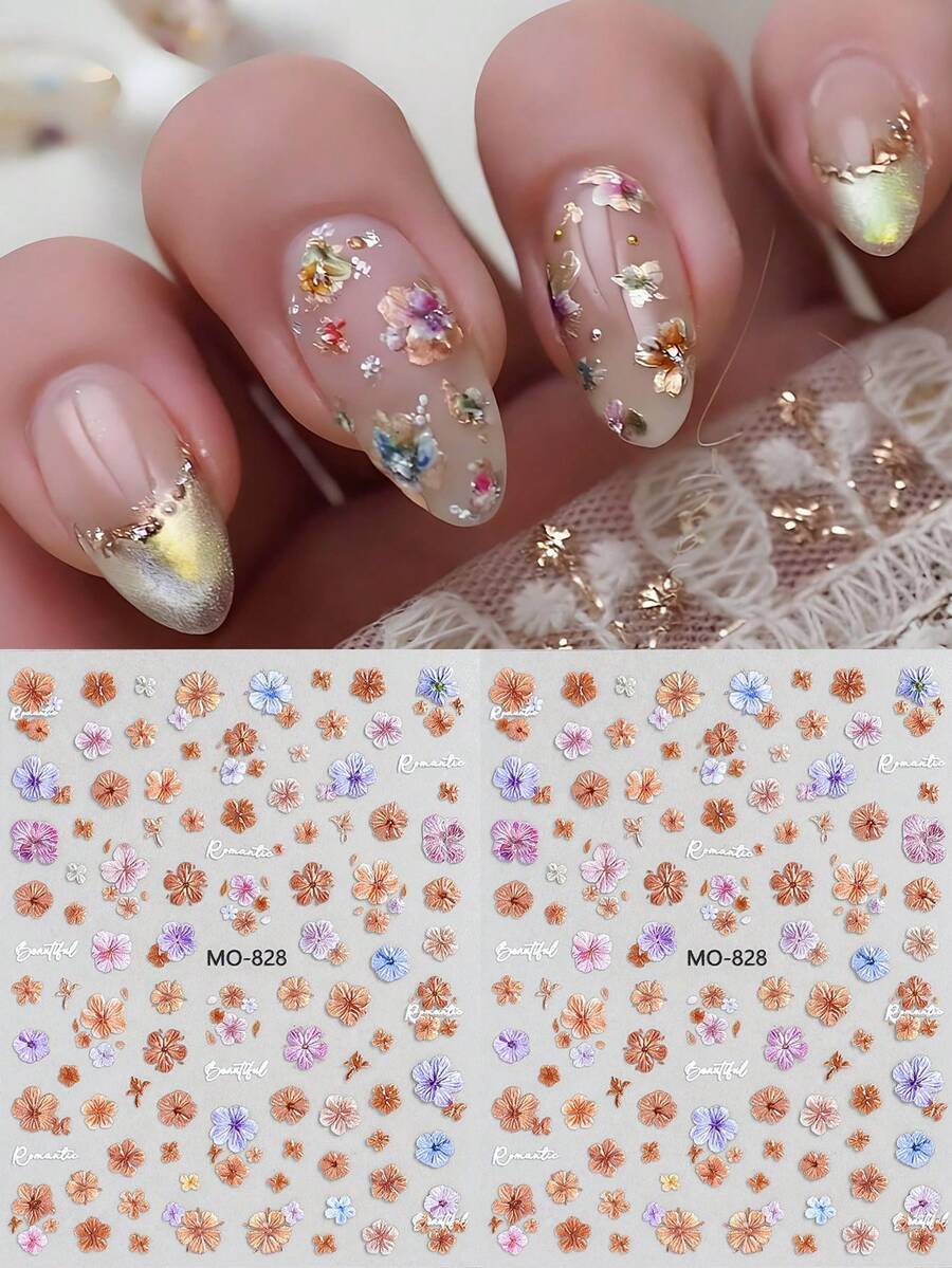2 miếng dán móng tay hình cánh hoa phong cách retro, dạng thạch, dập nổi, chuyển màu cam tím, họa tiết hoa nhỏ li ti, mô phỏng cánh hoa nở rộ, mềm mại, khắc chìm, thích hợp cho mùa xuân/hè, đám cưới, trang trí móng tay DIY, lễ hội. - Nhiều màu - Xem 1