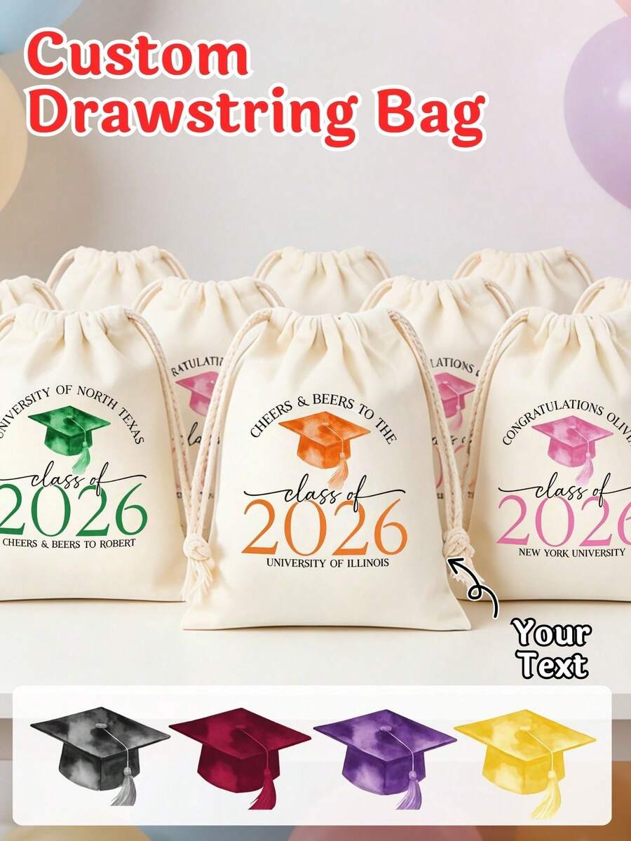Bolsa de cordón personalizada para graduación, bolsa de regalo personalizada con texto "Clase de 2026", bolsa de fiesta de graduación con transferencia de calor de tinta blanca, bolsa de dulces para graduados, bolsa de celebración de graduación de universidad y escuela secundaria, bolsa de felicitaciones personalizada con nombre para estudiantes, compañeros de clase e invitados - Multicolor - Ver 1