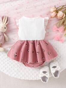 1pc Baby Girl Cute Ruffle Trim Rib Knit Embroidered Corduroy Romper Dress, Lightweight Summer - White - View 3
