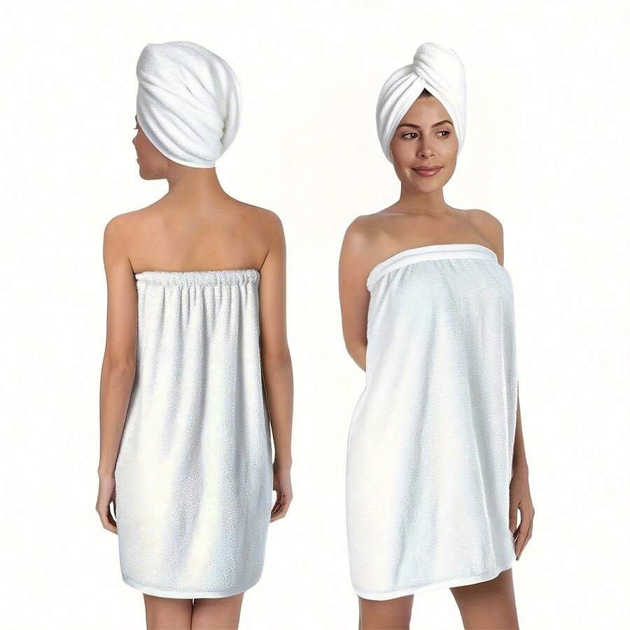 2pcs Set, Including Minimalist Solid Color Printed Bathrobe And Button Shower Cap. 100% Polyester Material, Super Soft. Suitable For Adult Home Use, Ideal For Bathroom, Sauna, Spa And Hair Salon.