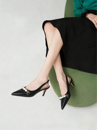 黑色优雅珍珠装饰尖头细高跟鞋，适合女士，可用于派对、约会、日常通勤、正式场合、婚礼等，时尚纤细高跟鞋，别致后跟搭扣休闲晚礼服凉鞋，百搭通勤宴会风格黑色凉鞋