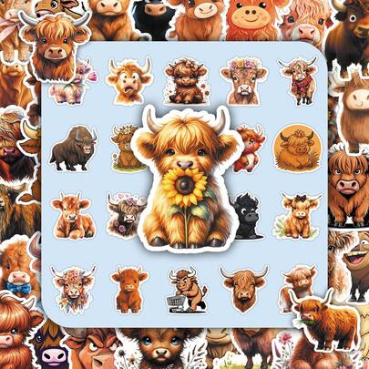 50 Stücke Schottische Hochlandrind Lustige Gekritzel Cartoon Tier Süße Aufkleber für Büromaterial, Planer, Scrapbooking