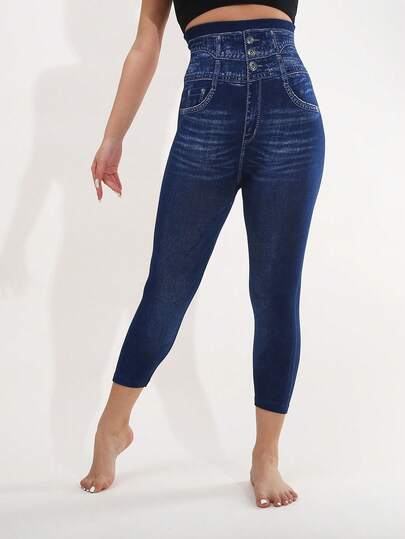 Quần short lửng nữ màu xanh đậm hiệu ứng denim, quần legging co giãn, dáng ôm, đa năng, phù hợp cho hoạt động ngoài trời, kỳ nghỉ, tiệc tùng, mua sắm, đi dạo.