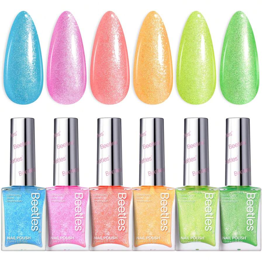 Beetles 6 Colors 7.5ml/0.25 Fl Oz Nail Polish Set - Love In Echo Quick Dry Spring Formula, Salon Long Lasting DIY Pastel Nail Art Gifts For Women - 6 Colors Neon Fever - 查看 1