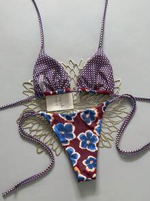 2pcs Retro Floral Colorblock Plaid Print Bikini Swimwear, Suitable For Beach, Pool, Cruise, Party In Spring And Summer Vacation - Wine Red Base With Blue Flowers - View 3