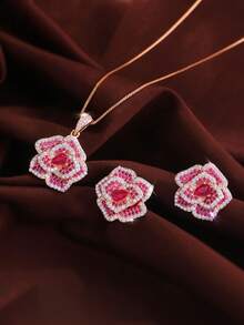 Bộ trang sức cao cấp gồm dây chuyền và bông tai hình hoa màu hồng cánh sen đính đá Cubic Zirconia, mạ vàng hồng, thích hợp đeo hàng ngày cho nữ. - Màu Hồng Tươi - Xem 2