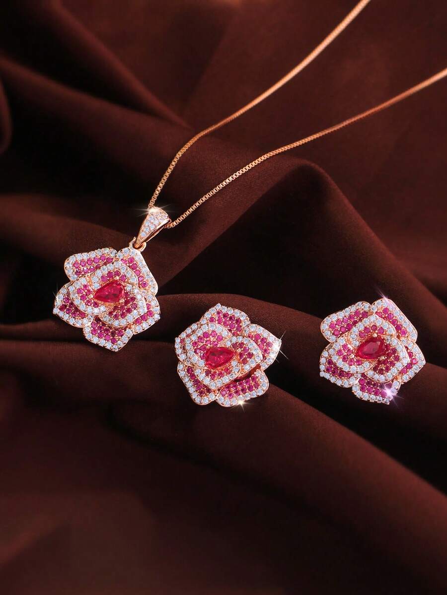 Bộ trang sức cao cấp gồm dây chuyền và bông tai hình hoa màu hồng cánh sen đính đá Cubic Zirconia, mạ vàng hồng, thích hợp đeo hàng ngày cho nữ.
