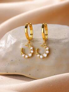Bông tai hình trăng khuyết mạ vàng 18K đính đá Cubic Zirconia, chống thấm nước, trang sức quyến rũ cho tiệc cưới, món quà mới dành cho con gái, mẹ, bạn thân. - Nhiều - Xem 3
