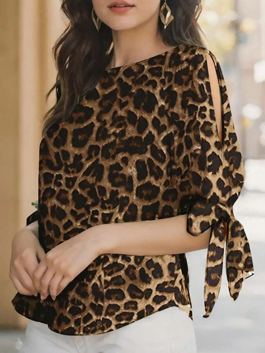 Women's Leopard Print Blouse With Crossover Front And Tie Sleeve Design - Semi-Sheer Round Neck Top, Machine Washable Regular Fit For Casual And Office Wear, Fashionable Streetwear Style, Lightweight Fabric Vacation Summer - Brown - View 1