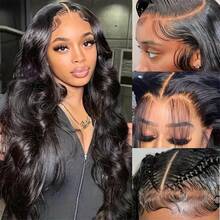 13x4 Lace Front Body Wave Human Blended Hair Wig, Women's, Pre-Plucked, Remy Brazilian High Definition Transparent Lace Front Wig, 200% Density, Long Real Lace Wig, Natural Black - Natural & Black - View 9